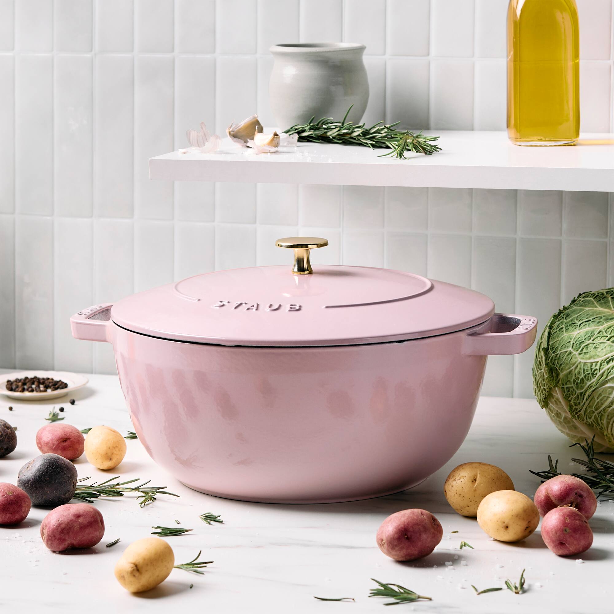 Alt View 1. Staub - Staub Cast Iron Essential French Oven, Dutch Oven, 5-quart, serves 5-6, Made in France - Peony Pink - Pink Peony.