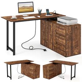 Costway - 54.5" L-Shaped Computer Desk with File Cabinet, 3 Drawers & Charging Station - Rustic Brown & Black