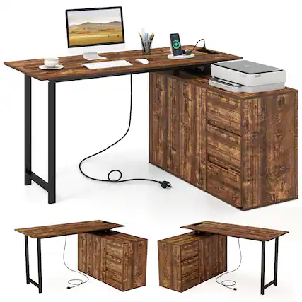 Front. Costway - Costway 54.5" L-Shaped Computer Desk with File Cabinet, 3 Drawers & Charging Station - Rustic Brown & Black.