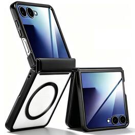 Dteck - Electroplated Clear Case for Samsung Galaxy Z Flip8 with Hinge Guard, Rigid PC Magnetic Cover, Raised Edge Screen Camera - Black