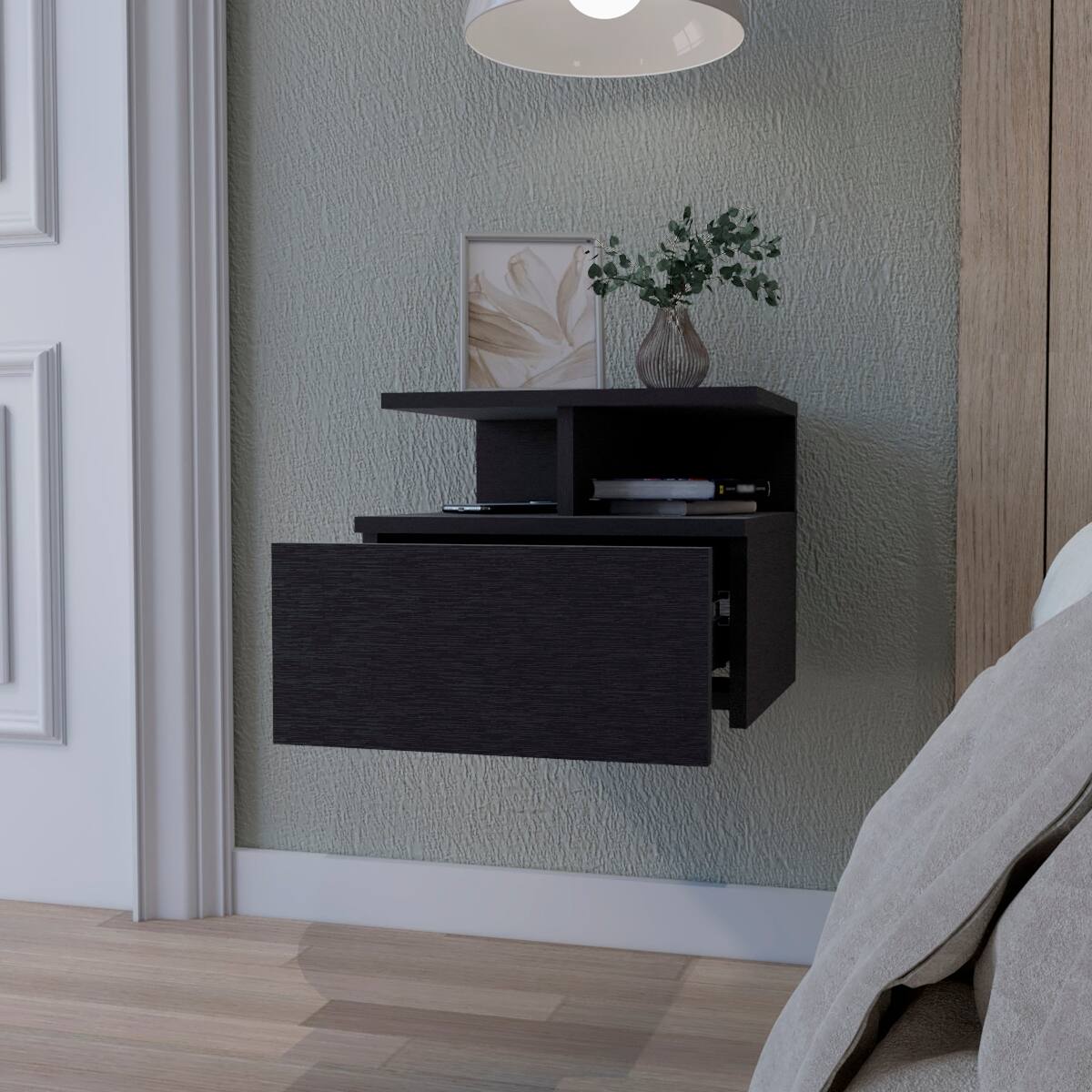 Angle. Loheer - Loheer Floating Nightstand with One Drawer, Wenge Wood, 14-Inch Wall-Mounted Bedside Storage - Wenge.