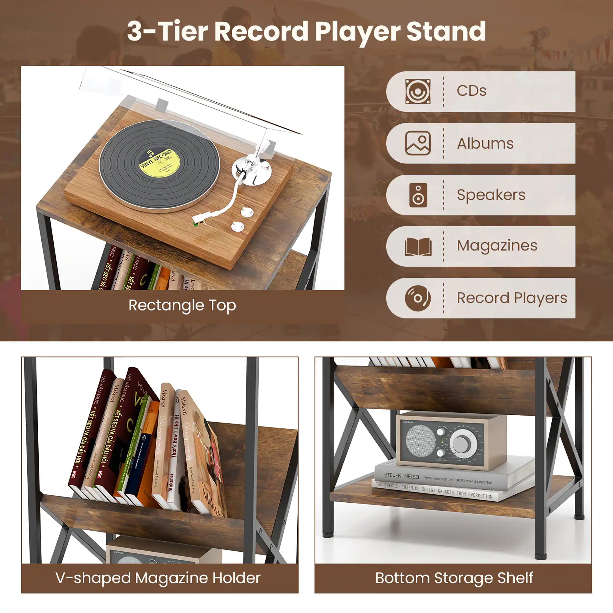 3-Tier Record Player Stand

CDs
VINYL RECORD
Albums
Speakers
IRUG NOT N TRUC VT SI UND Rectangle Top
Magazines Record Players
DA NYA Make NYA TRUC TRUC SEOV VT SEO CLDU CI nyo HOE HOL
a
MAKENZI
(41 11kc  They's Makenzi
MAKENZI
STEVEN MEISEL 7:00 MADRED bc saucections THE  SWEITSH INTERIOR DESIGN GADGETS FROM EVERNOTION
V-shaped Magazine Holder
Bottom Storage Shelf