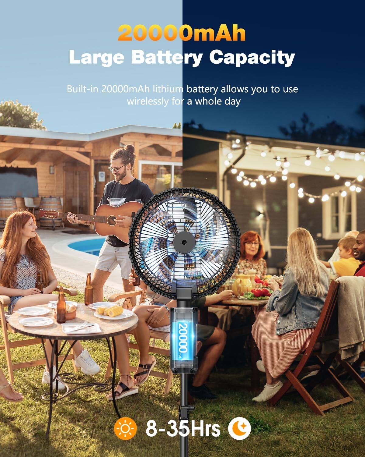 20000mAh Large Battery Capacity  
Built-in 20000mAh lithium battery allows you to use wirelessly for a whole day  
8-35Hrs