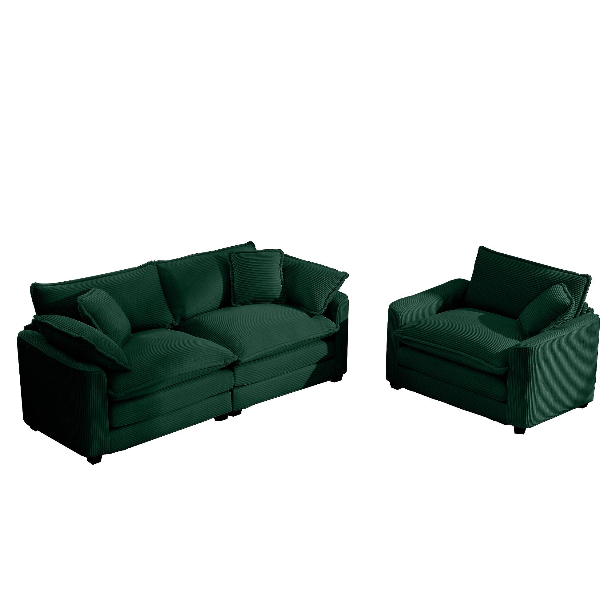 Alt View 2. LOVMOR - 3 Seater Easy Assembly Memory Foam Corduroy Sofa Set For Living Room Bedroom Club Soft Textured Lounge Home TV - Green.