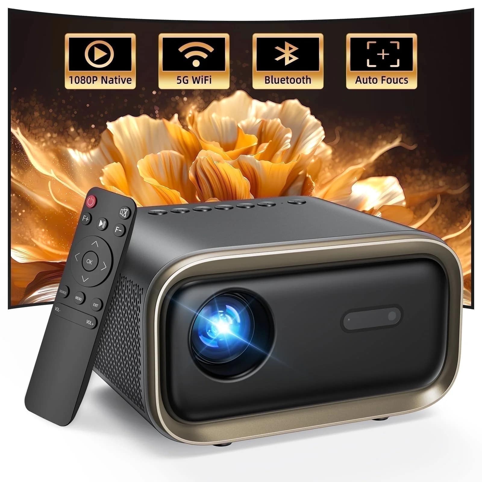 TOPVISION - Native 1080P Projector with Wifi and Bluetooth, 4K Support,50,000Hrs Lamp Life,Auto Focus