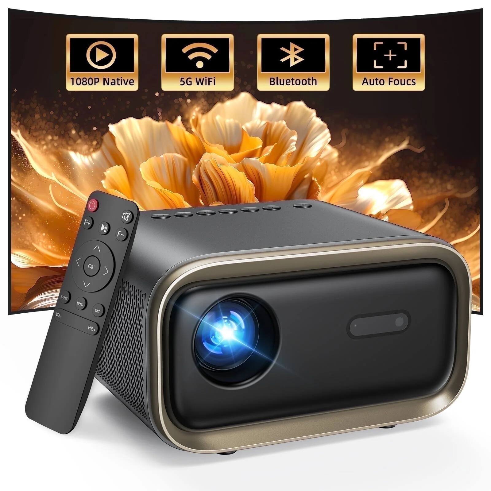 TOPVISION - Native 1080P Projector with Wifi and Bluetooth, 4K Support,50,000Hrs Lamp Life,Auto Focus