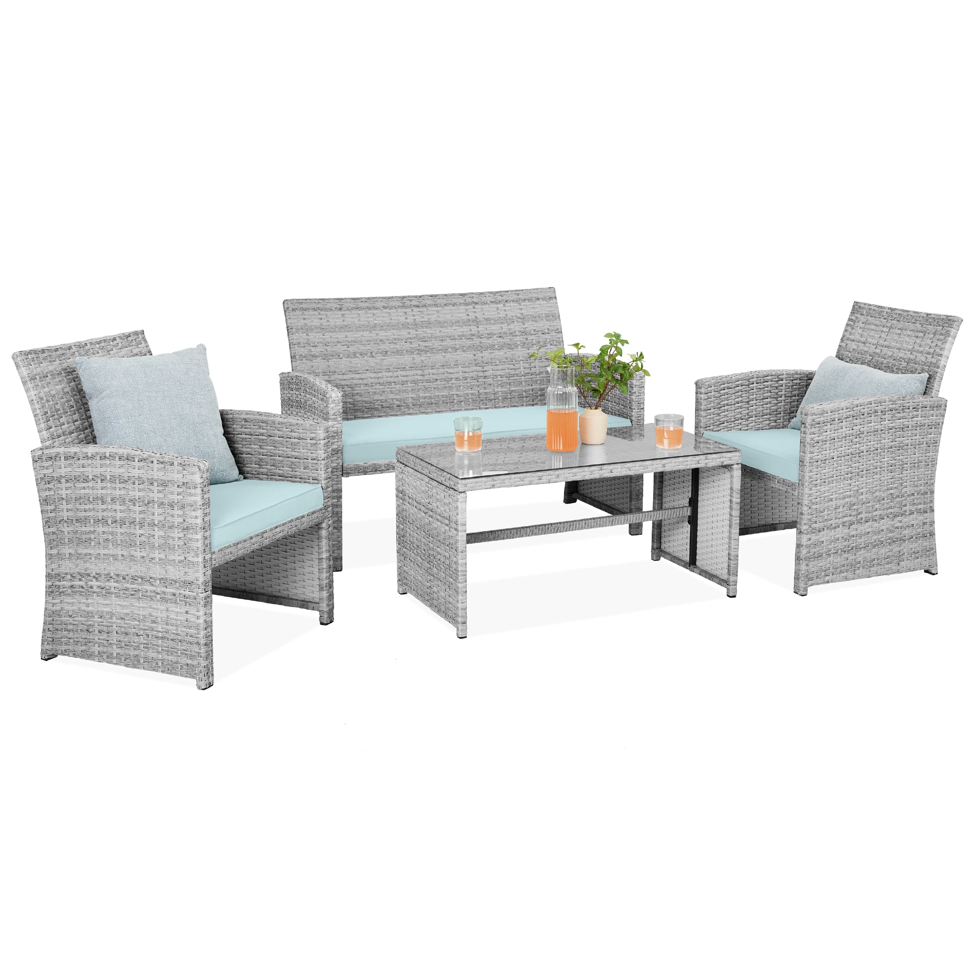 Best Choice Products - 4-Piece Outdoor Wicker Patio Conversation Furniture Set w/ Table, Cushions - Gray/Pastel Blue