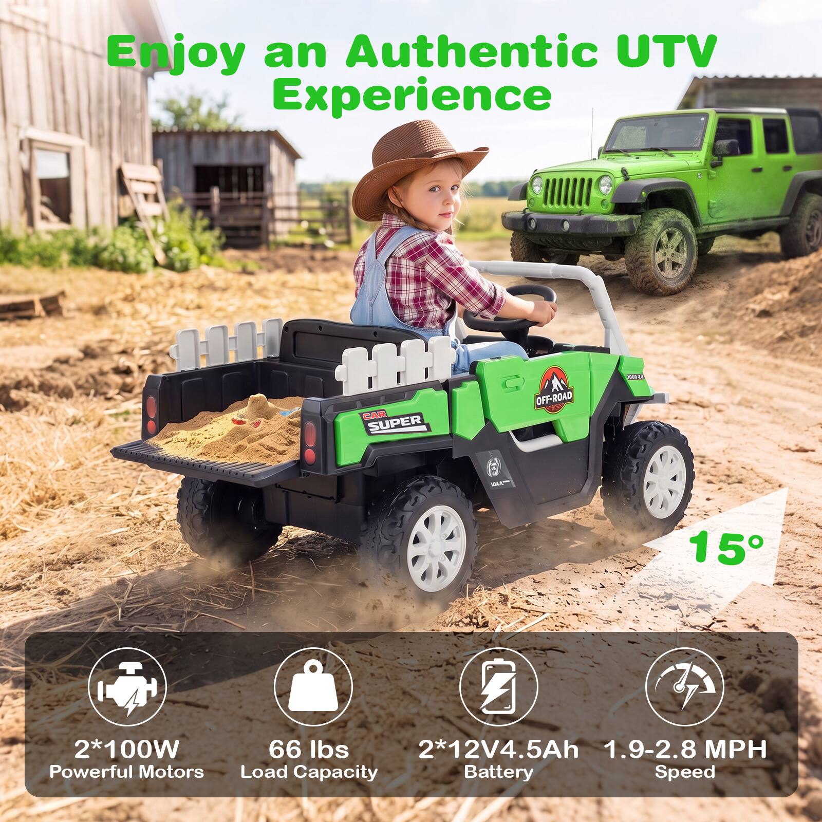Enjoy an Authentic UTV Experience

CAR SUPER
OFF-ROAD

ALL
15°

2*100W Powerful Motors
66 lbs Load Capacity
2*12V4.5Ah Battery
1.9-2.8 MPH Speed