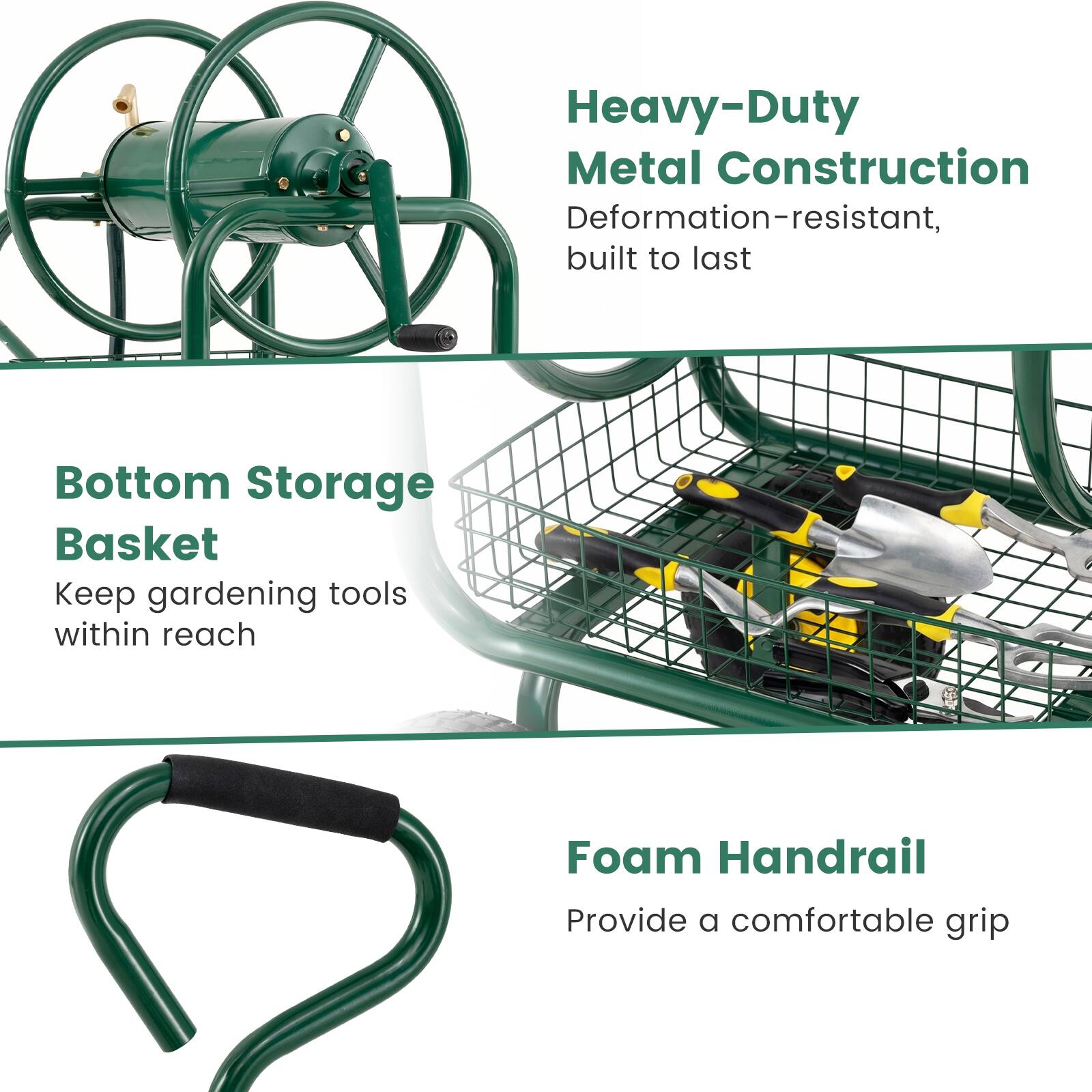 Heavy-Duty Metal Construction  
Deformation-resistant, built to last  

Bottom Storage Basket  
Keep gardening tools within reach  

Foam Handrail  
Provide a comfortable grip