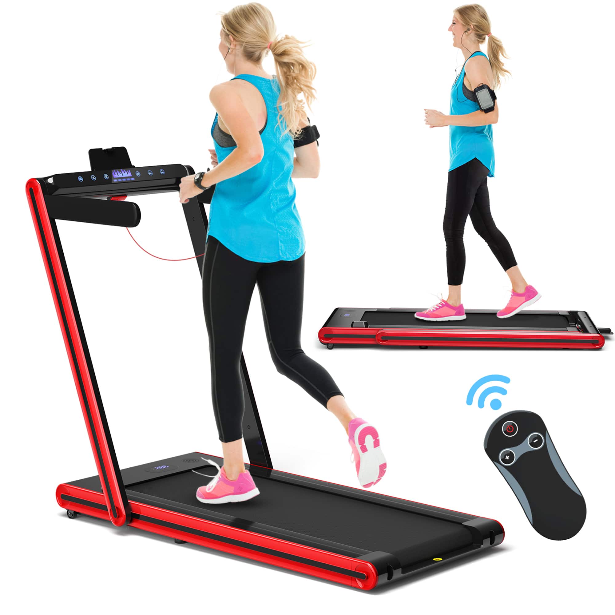 Gymax - 2.25HP Folding Treadmill 2-in-1 Walking Running Machine w/ APP & Remote Control - Red