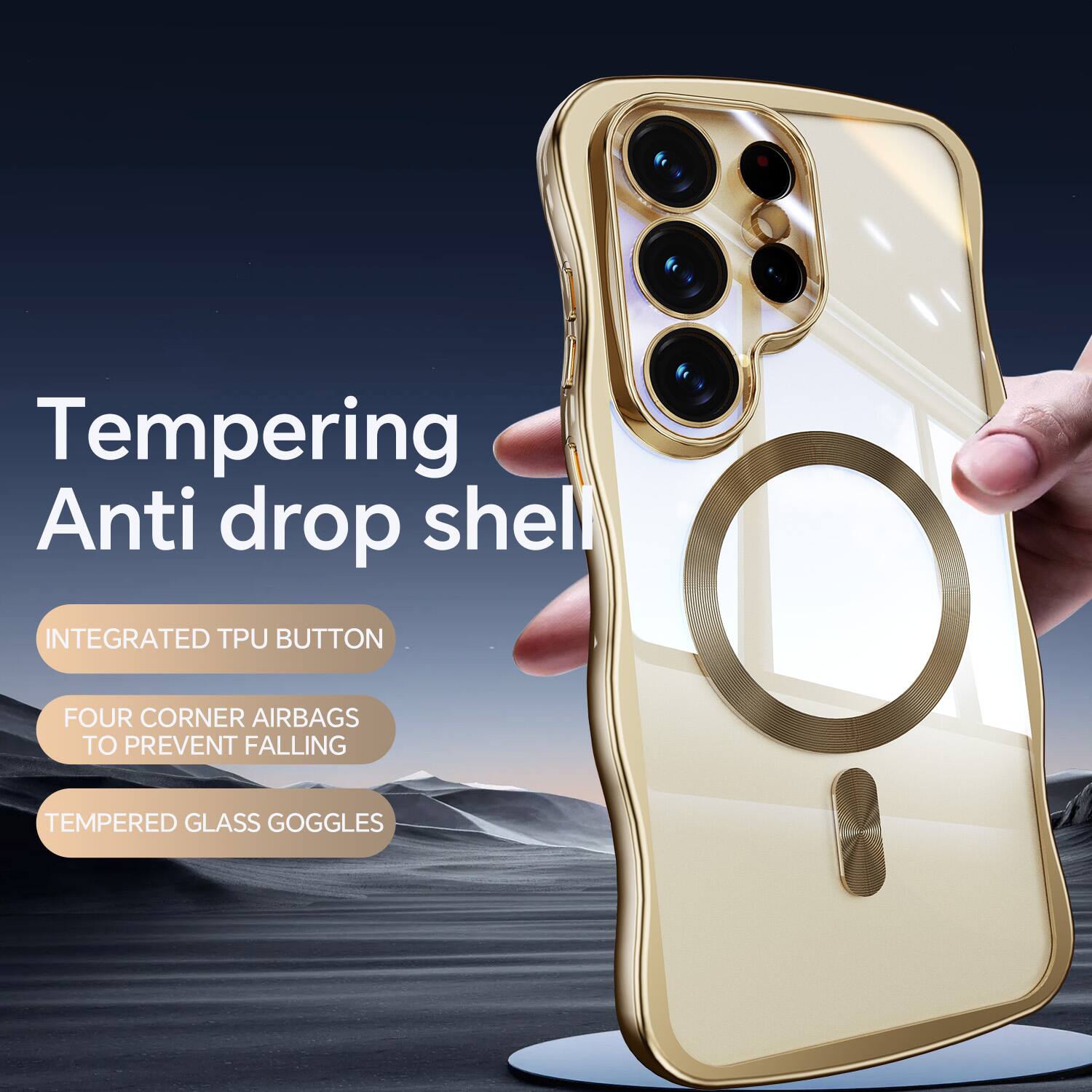 Tempering Anti drop shell  
INTEGRATED TPU BUTTON  
FOUR CORNER AIRBAGS TO PREVENT FALLING  
TEMPERED GLASS GOGGLES