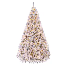 Costway - 7.5 FT Pre-Lit Flocked Cedar Christmas Tree Hinged - Green /White