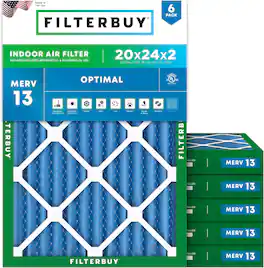 Filterbuy - 20x24x2 MERV 13 Smoke & Allergy Defense, Electrostatic Pleated HVAC AC Furnace Air Filters Replacement (6-Pack) - Blue