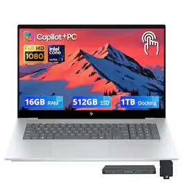 HP - OmniBook X 17.3" FHD Touch Laptop,Intel Ultra 7 256V,16GB RAM,512GB SSD+1TB Dock Set,Backlit,Copilot+PC,Win 11 - Silver