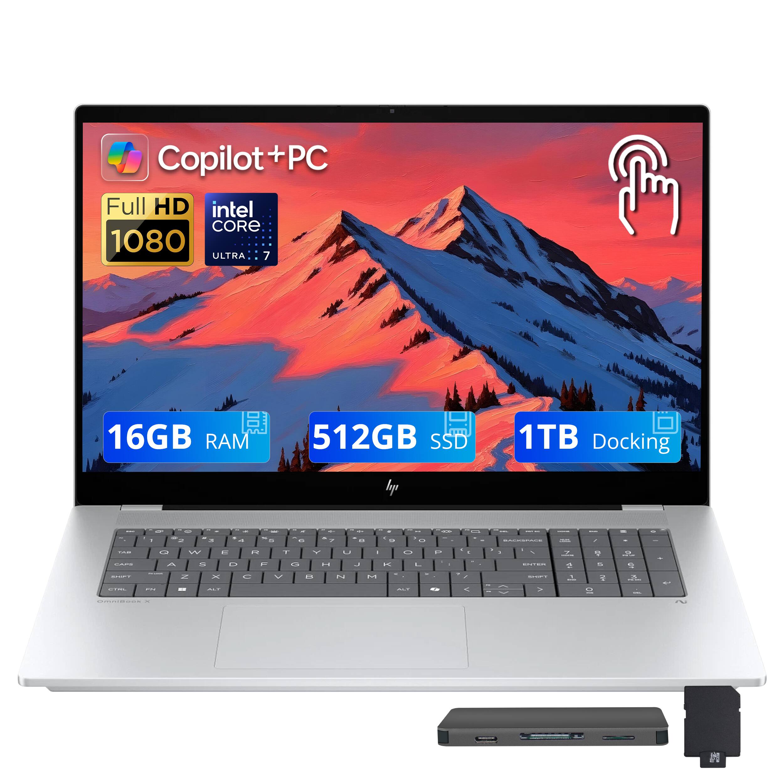 Copilot + PC  
Full HD 1080  
Intel Core i7  
16GB RAM  
512GB SSD  
1TB Docking