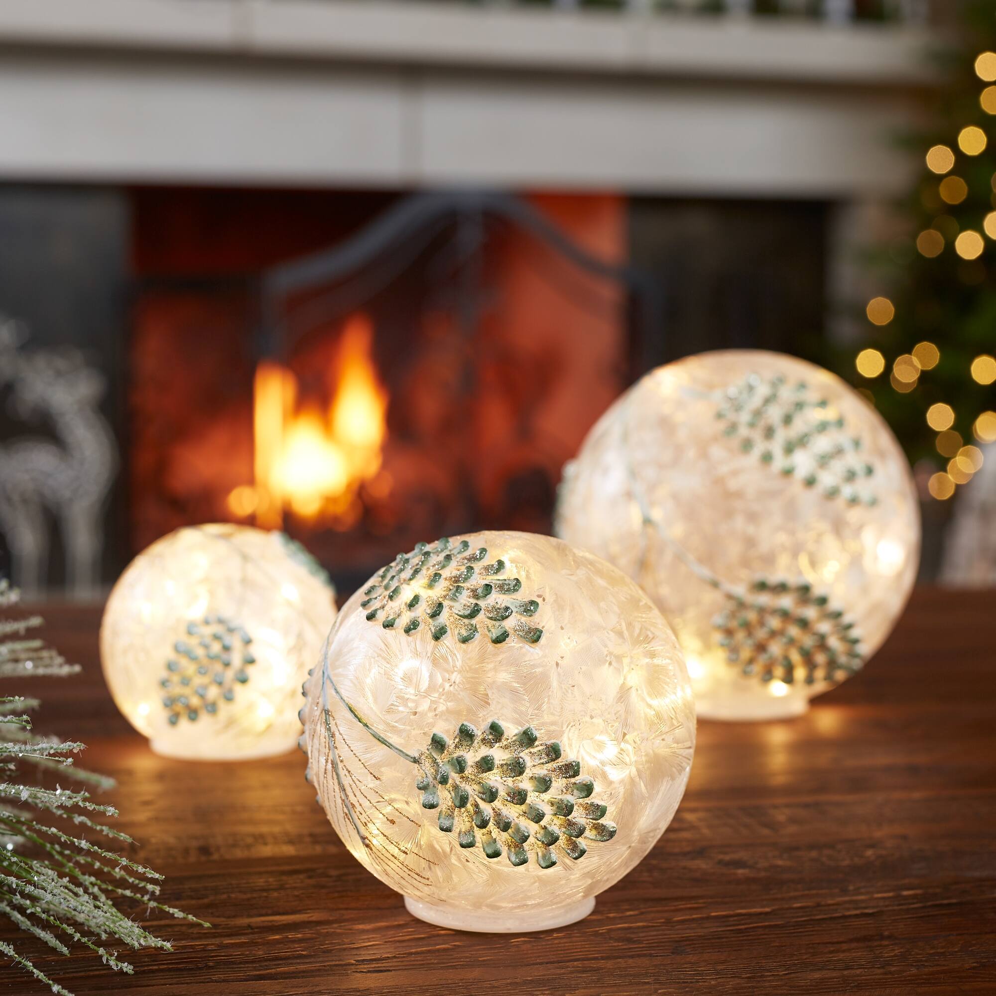 Angle. BreeBe - LED Frosted Silver Pinecone Orb (Set of 3) - White, Silver.