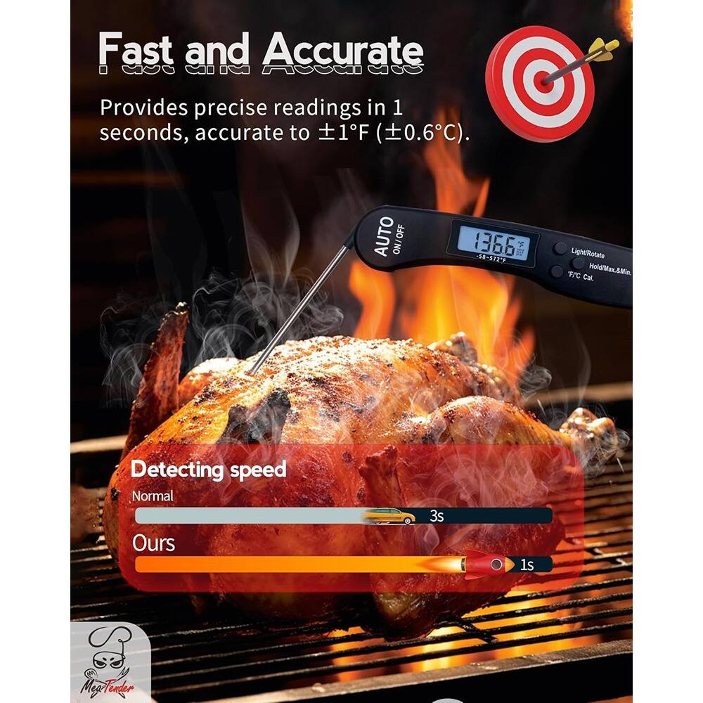 Fast and Accurate  
Provides precise readings in 1 second, accurate to ±1°F (±0.6°C).

Detecting speed  
Normal: 3s  
Ours: 1s

AUTO  
OFF  
1366°F  
-58-572°F  
Light/Rotate  
Hold/Max & Min.  
Cal.  
°F/°C