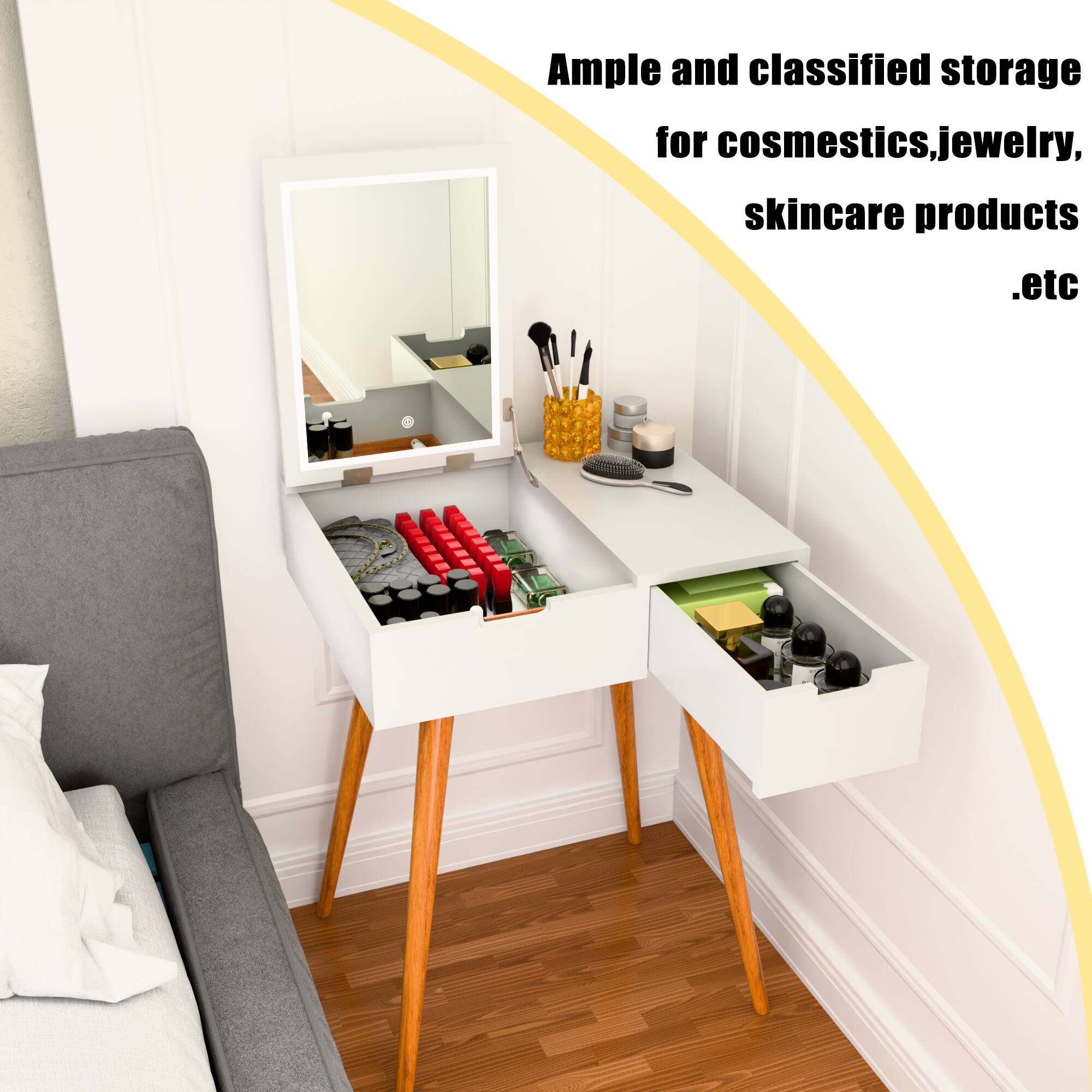 Ample and classified storage for cosmetics, jewelry, skincare products, etc.