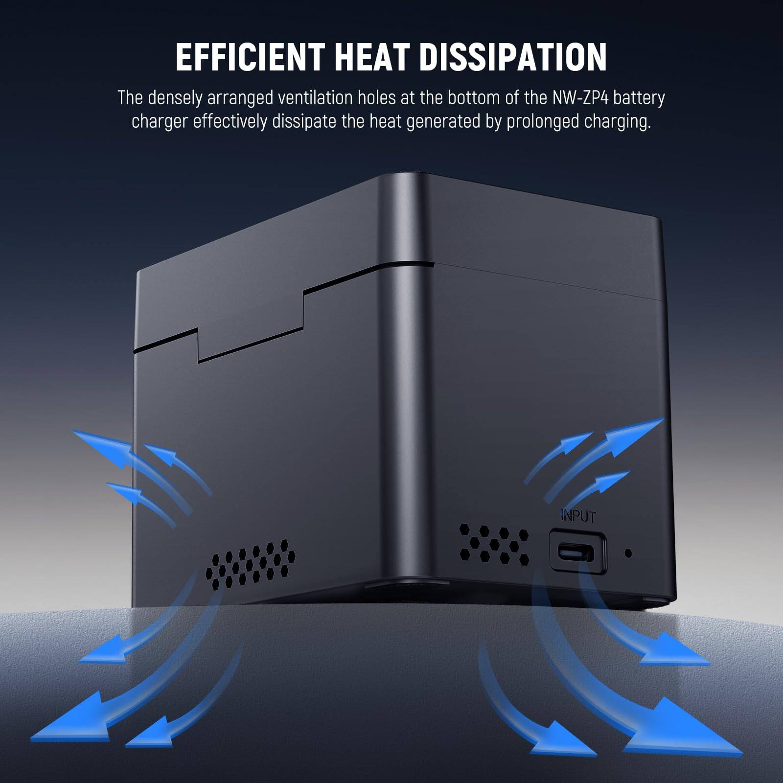 EFFICIENT HEAT DISSIPATION

The densely arranged ventilation holes at the bottom of the NW-ZP4 battery charger effectively dissipate the heat generated by prolonged charging.
