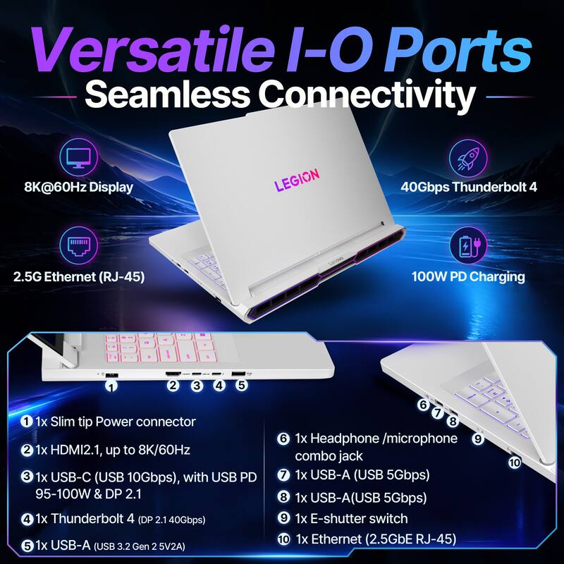 Versatile I-O Ports Seamless Connectivity

8K@60Hz Display

LEGION

40Gbps Thunderbolt 4

2.5G Ethernet (RJ-45)

Lenovo

100W PD Charging

1. 1x Slim tip Power connector
2. 1x HDMI2.1, up to 8K/60Hz
3. 1x USB-C (USB 10Gbps), with USB PD 95-100W & DP 2.1
4. 1x Thunderbolt 4 (DP 2.1 40Gbps)
5. 1x USB-A (USB 3.2 Gen 2 5V2A)
6. 1x Headphone /microphone combo jack
7. 1x USB-A (USB 5Gbps)
8. 1x USB-A(USB 5Gbps)
9. 1x E-shutter switch
10. 1x Ethernet (2.5GbE RJ-45)
