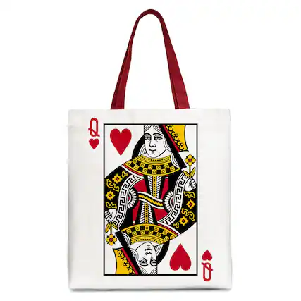 Front. OrnamentallyYou - Queen of Hearts Crown Canvas Tote Bag, Royal Retro Valentine Gift Bag - White Red.