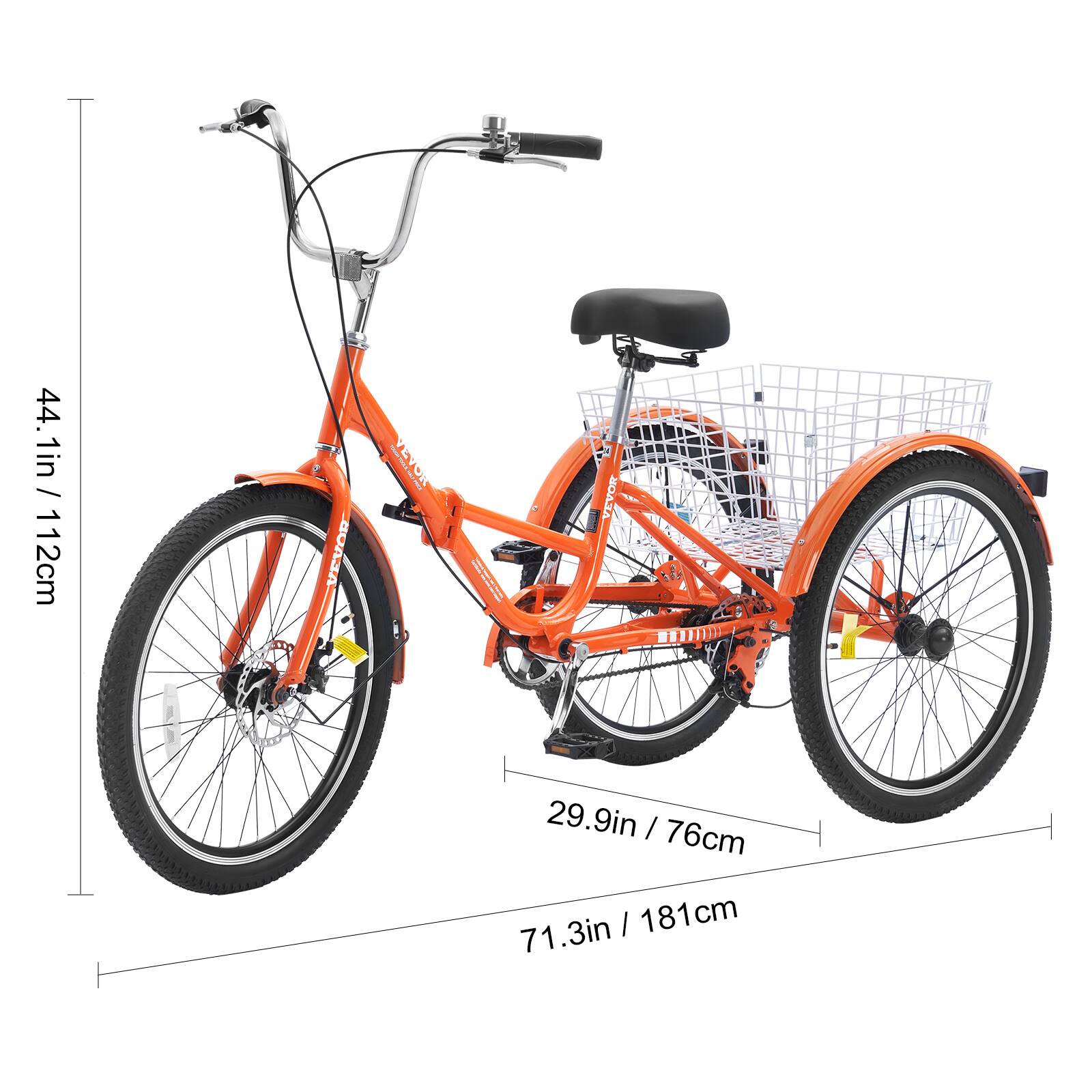 44.1in / 112cm, 29.9in / 76cm, 71.3in / 181cm