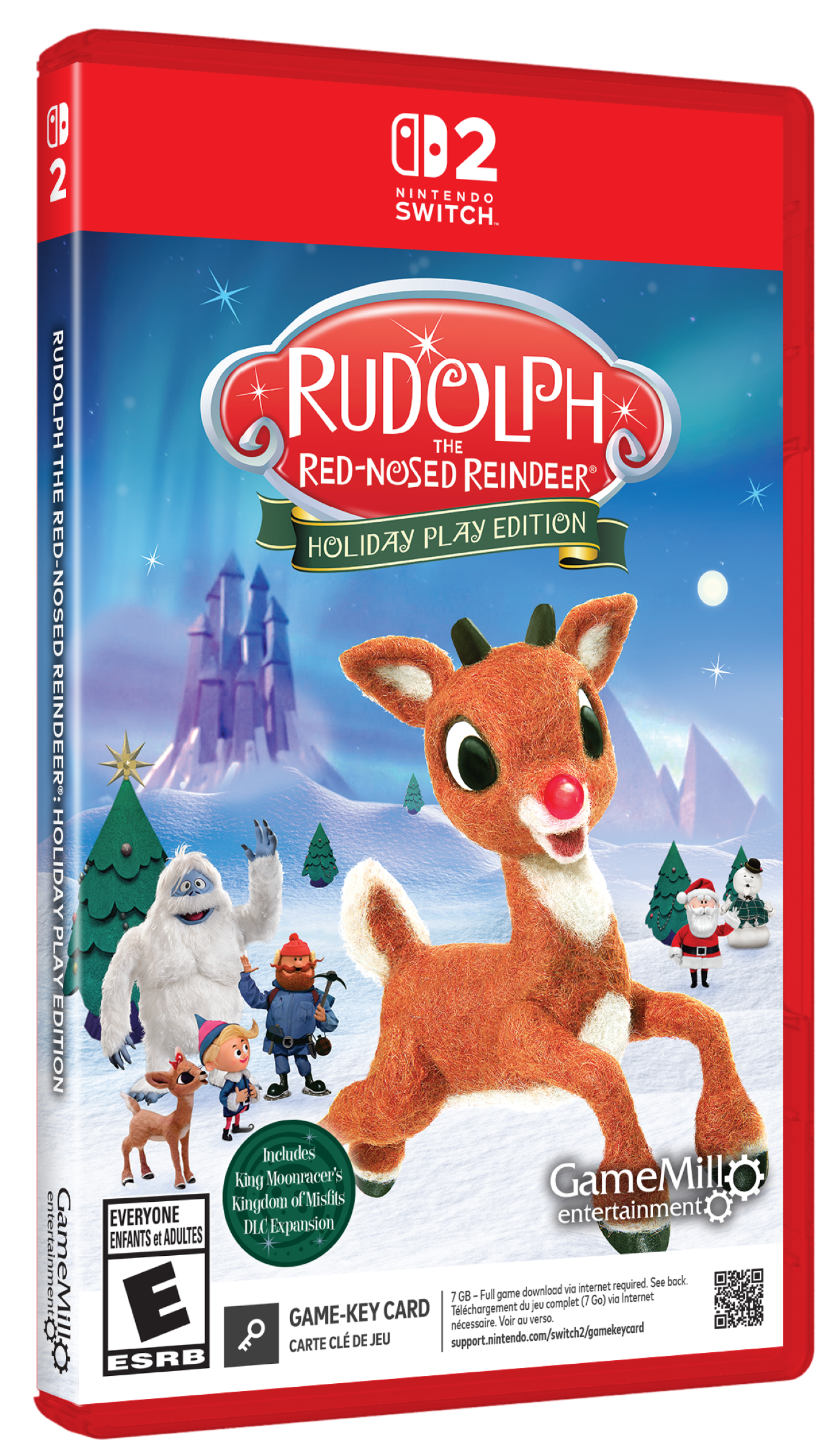 10 2

B2 NINTENDO SWITCH

RUDOLPH THE RED-NOSED REINDEER: HOLIDAY PLAY EDITION

Includes King Moonracer's GameMill Kingdom of Misfits DLC Expansion

EVERYONE ENFANTS et ADULTES

GAME-KEY CARD CARTE CLÉ DE JEU

7 Go - Full game download via internet (7 Go) required. Internet See back. support.nintendo.com/switch2/gamekeycard

ESRB