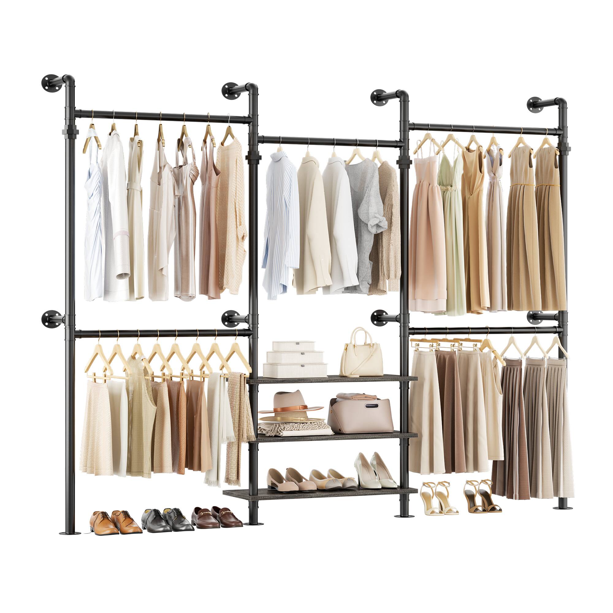 Alt View 4. Aheaplus - Adjustable Wall-Mounted Metal Clothing Rack: 3-Tier Wood Shelves, 84"-128", 1000LB Capacity - Gray Oak.
