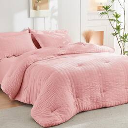 Dazzed Corner - Seersucker 5/7 Pieces Bed in a Bag Comforter Set with Sheets, Pillowcases & Shams - Rose Pink