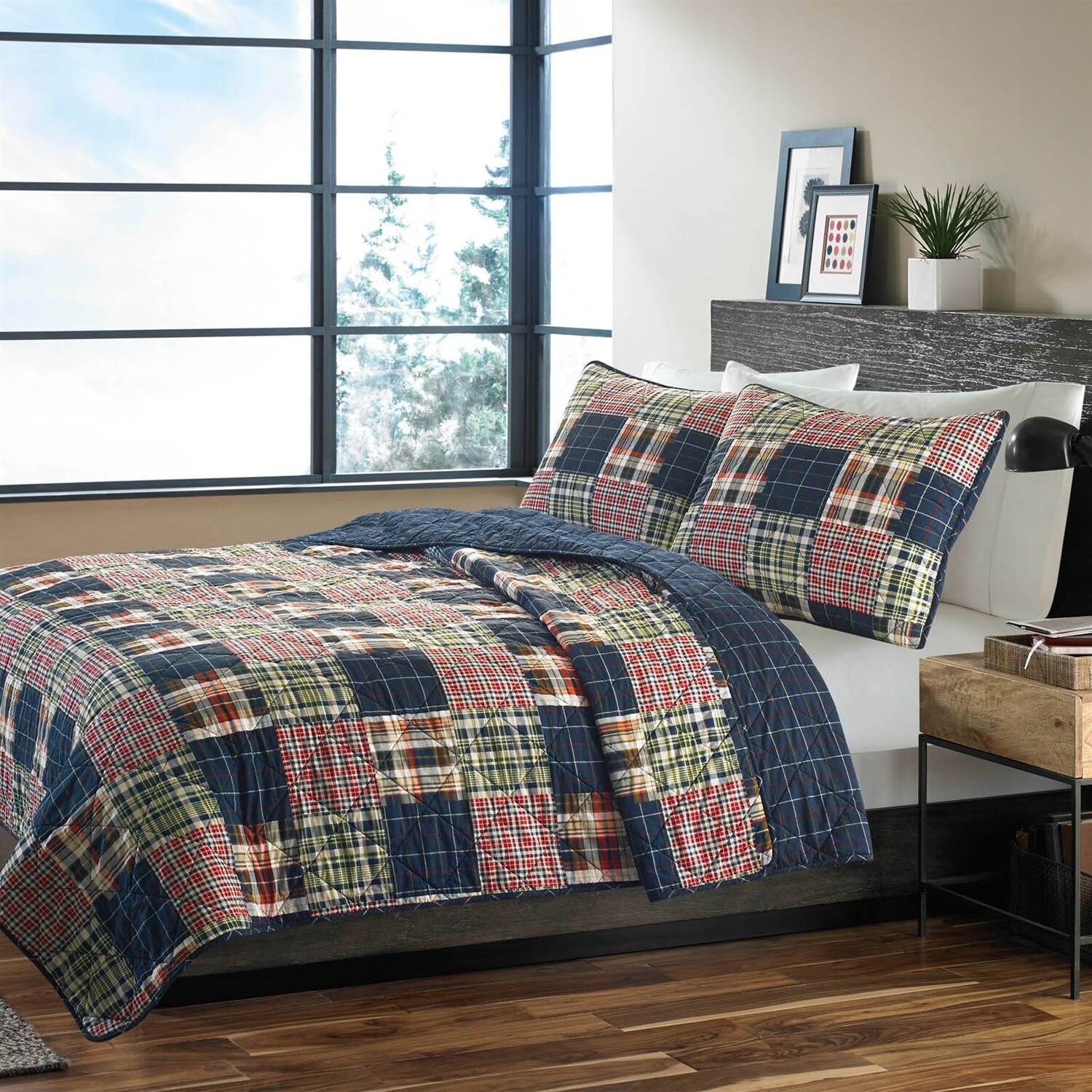 Hivvago - Full / Queen Farmhouse Red Navy Plaid 100-Percent Cotton Reversible Quilt Set - Multicolor