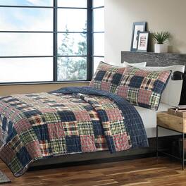 Hivvago - Twin size Farmhouse Red Navy Plaid 100-Percent Cotton Reversible Quilt Set - Multicolor