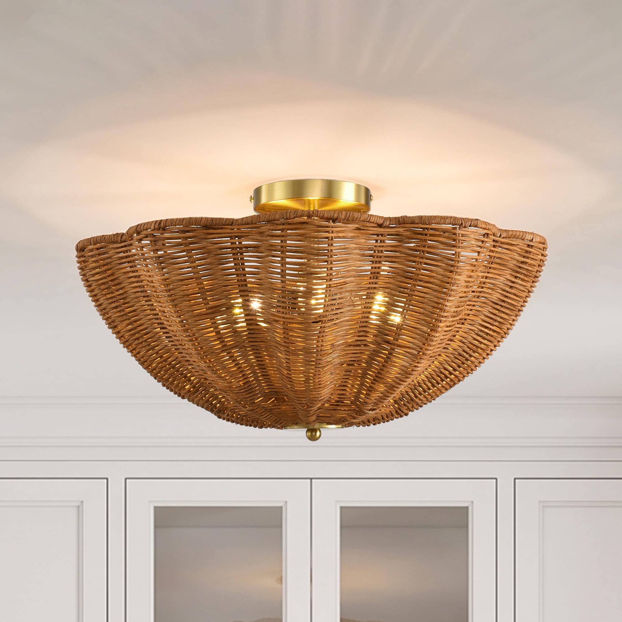 Parrot Uncle - 15 Inch Boho Scalloped Rattan Flush Mount Ceiling Light 3 Light Wicker Fixture - Natural