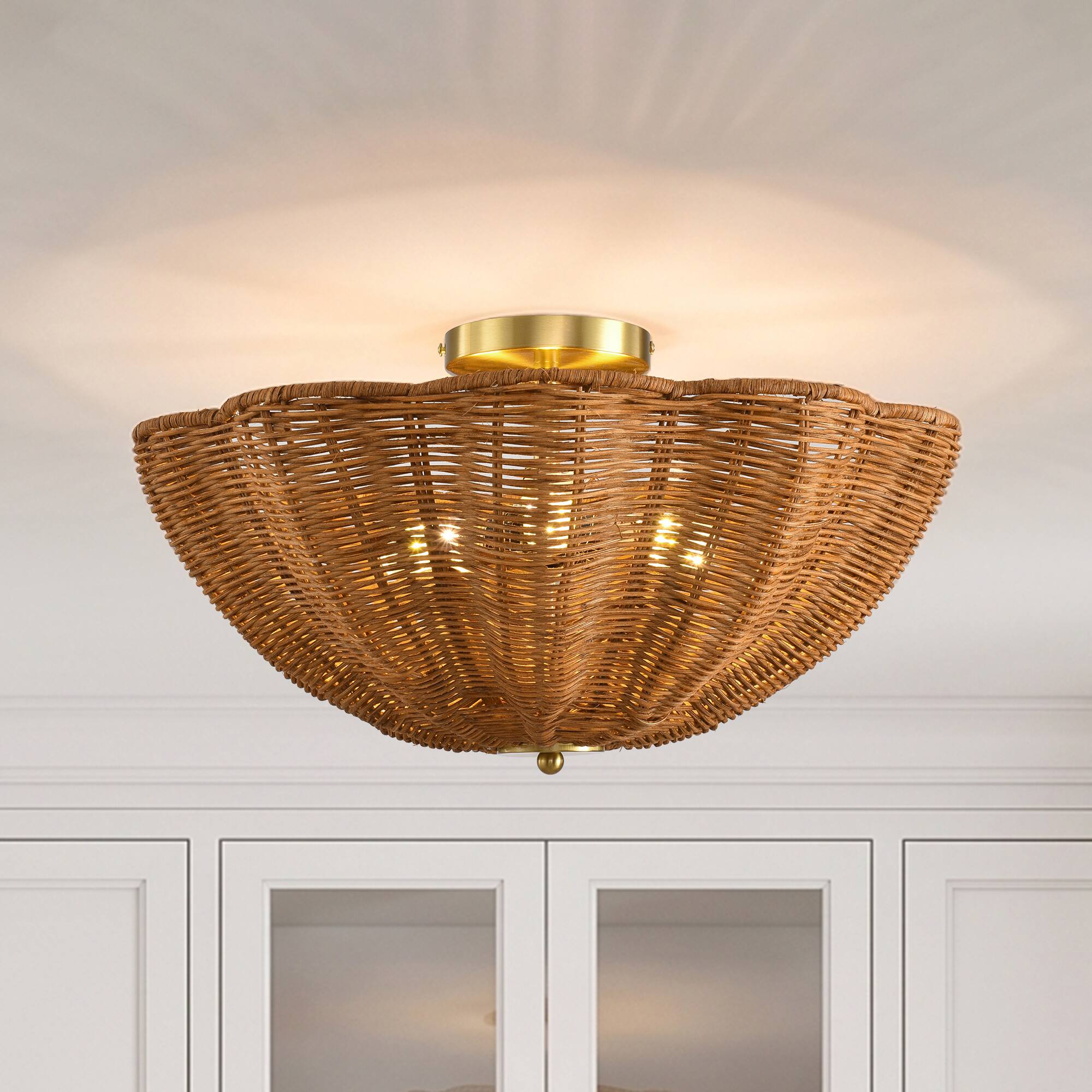 Front. Parrot Uncle - 15 Inch Boho Scalloped Rattan Flush Mount Ceiling Light 3 Light Wicker Fixture - Natural.