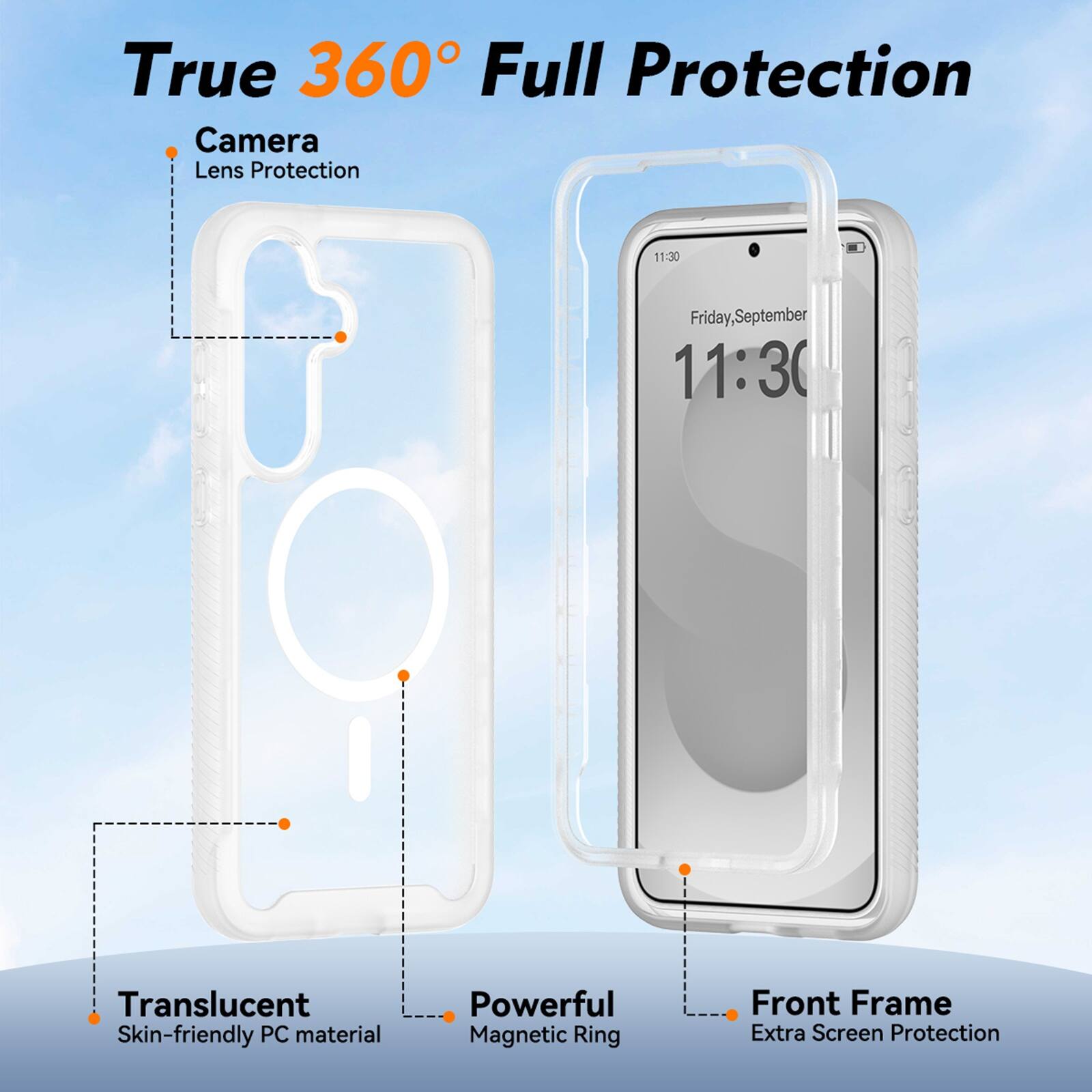 True 360° Full Protection

- Camera Lens Protection
- Translucent Skin-friendly PC material
- Powerful Magnetic Ring
- Front Frame Extra Screen Protection