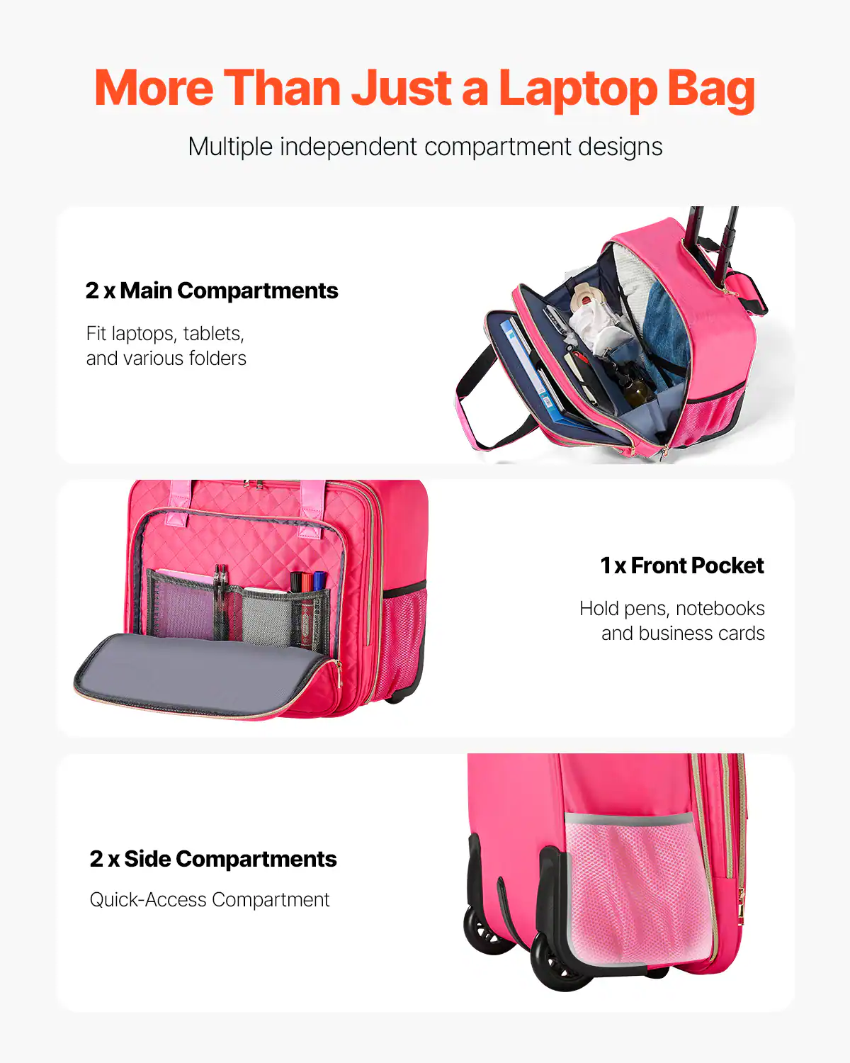 More Than Just a Laptop Bag

Multiple independent compartment designs

2 x Main Compartments  
Fit laptops, tablets, and various folders

1 x Front Pocket  
Hold pens, notebooks and business cards

2 x Side Compartments  
Quick-Access Compartment