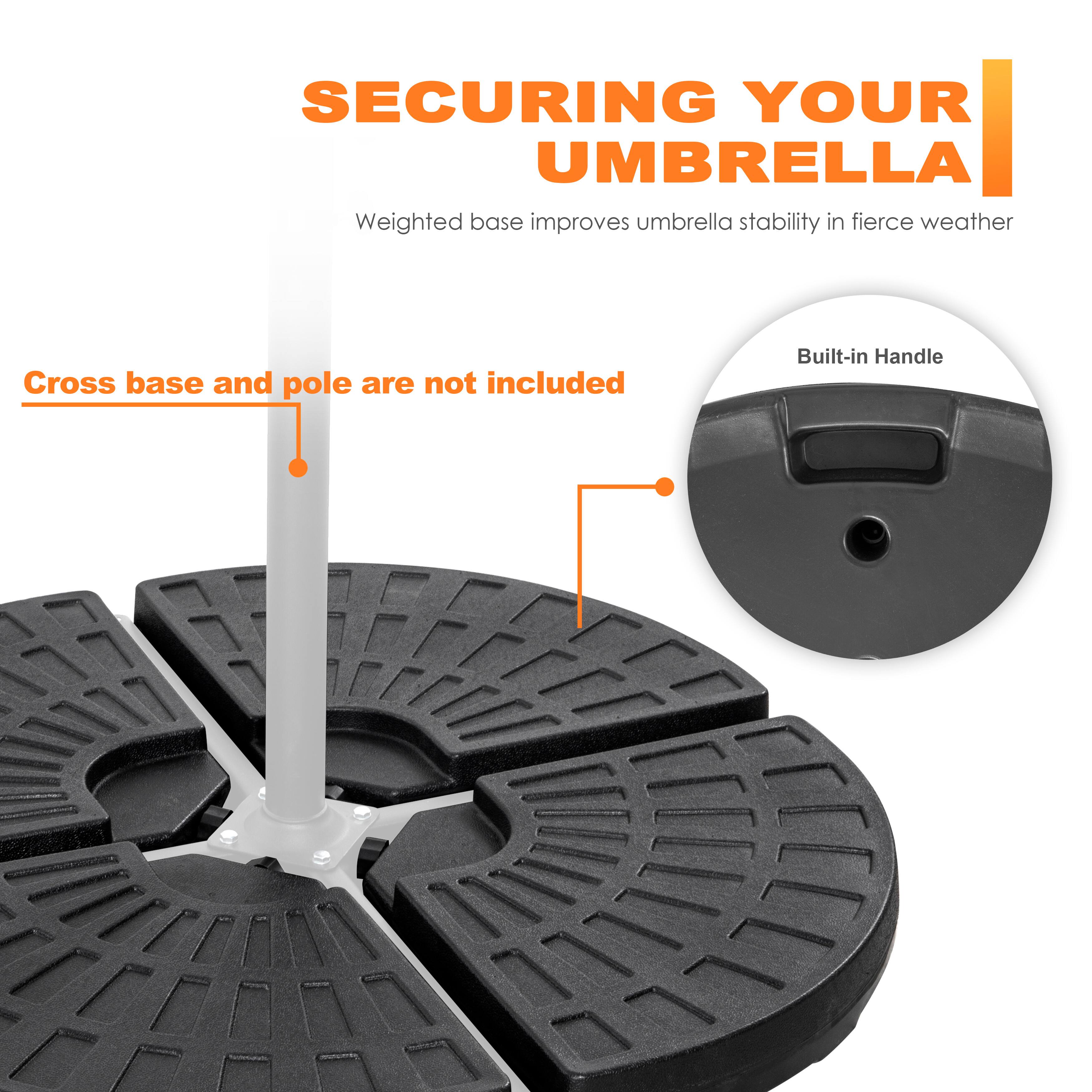 SECURING YOUR UMBRELLA  
Weighted base improves umbrella stability in fierce weather  
Cross base and pole are not included  
Built-in Handle