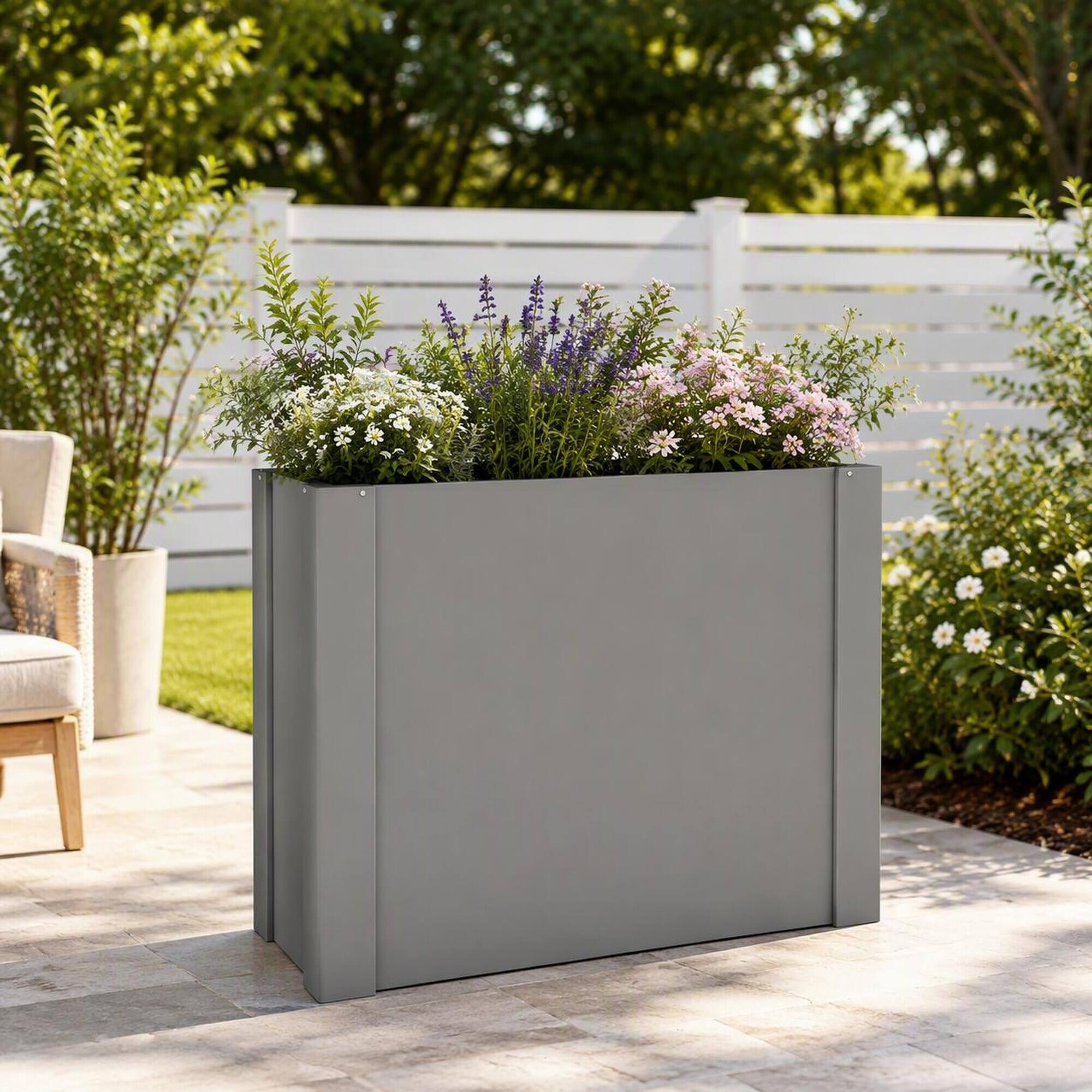 Back. RYHNUYNE - Galvanized Steel Raised Garden Bed 31.5x12.2x24 Inches Open Bottom Planter Box for Patio Backyard Balcony - Gray.