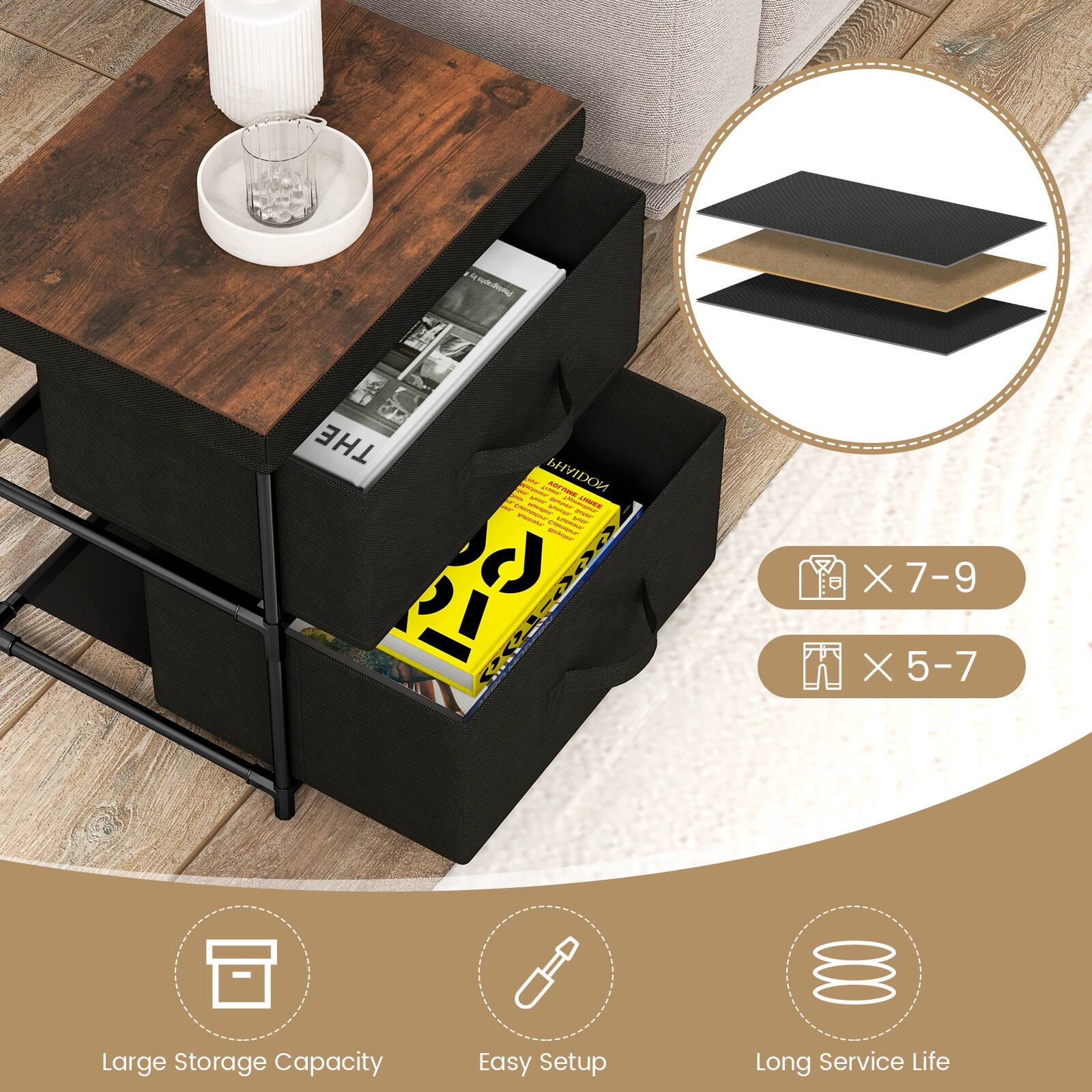 The text on the image reads: "Large storage capacity. Easy setup. Long service life."