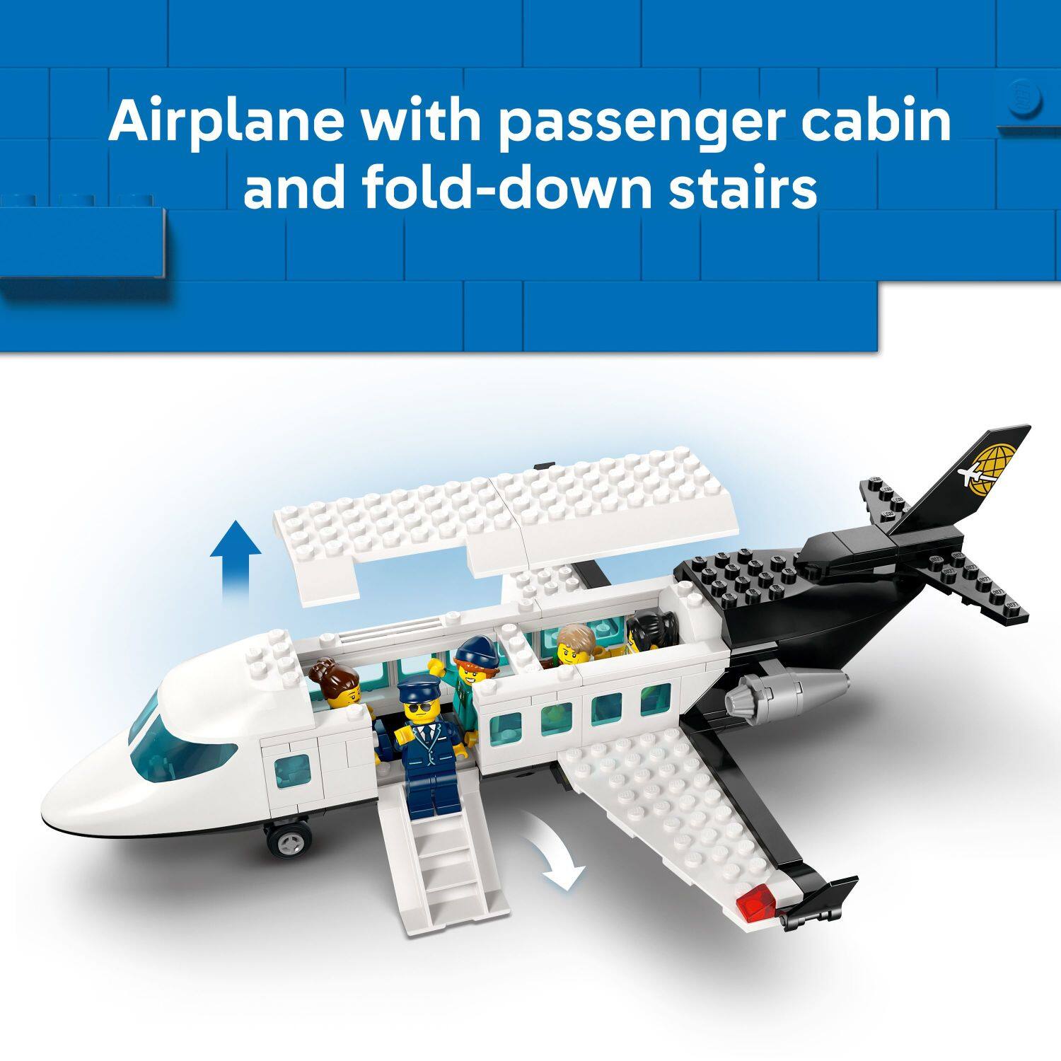 Airplane with passenger cabin and fold-down stairs