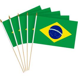 G128 - 12-Pack Handheld Brazil Stick Flags — 8 x 12 in, 150D Polyester with Wooden Spear Top - Assorted Colors