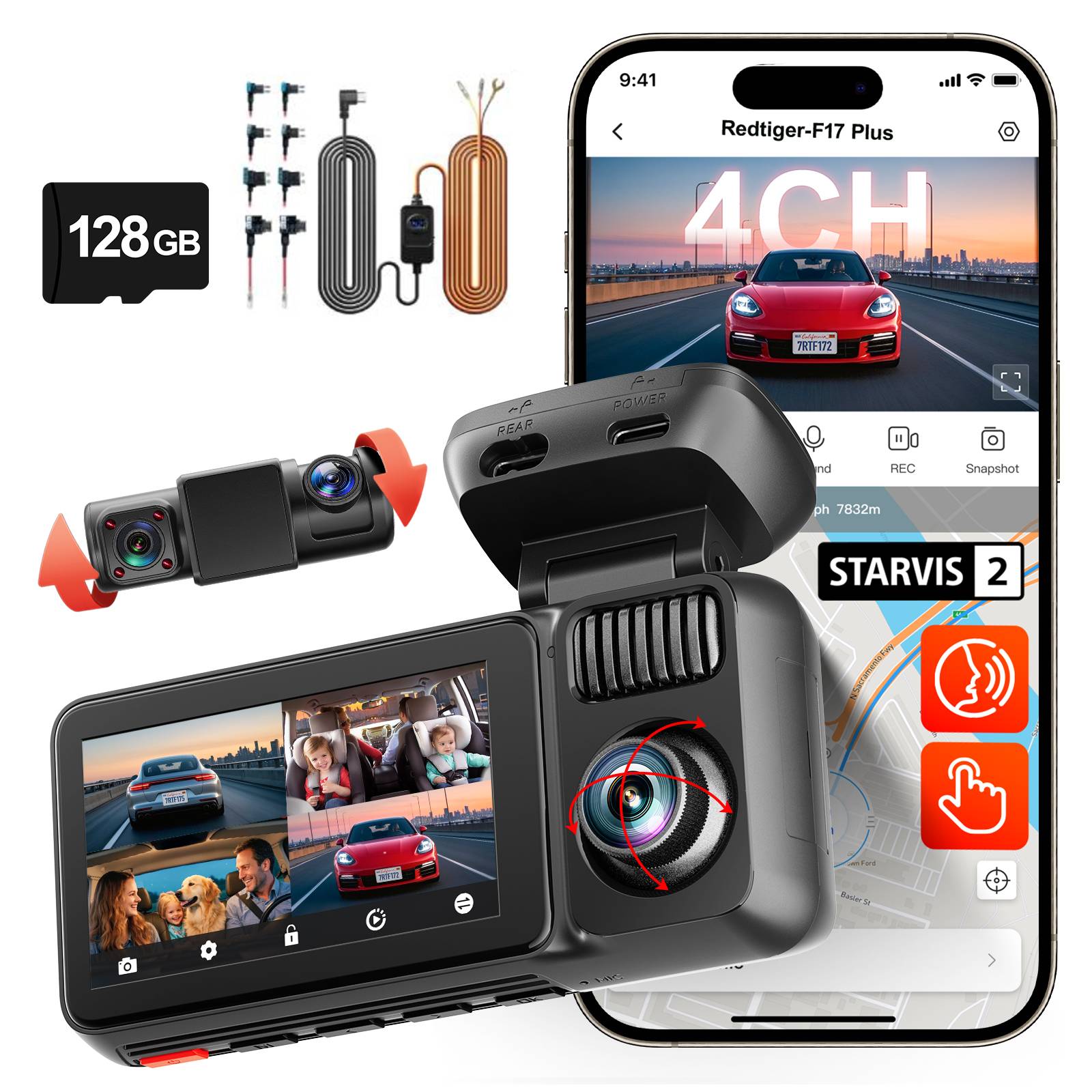 REDTIGER - 4 Channel Dash Cam, 2.7K + 1080P*3 STARVIS 2, 360° Front Car Camera, 24/7 Parking Monitoring - Black