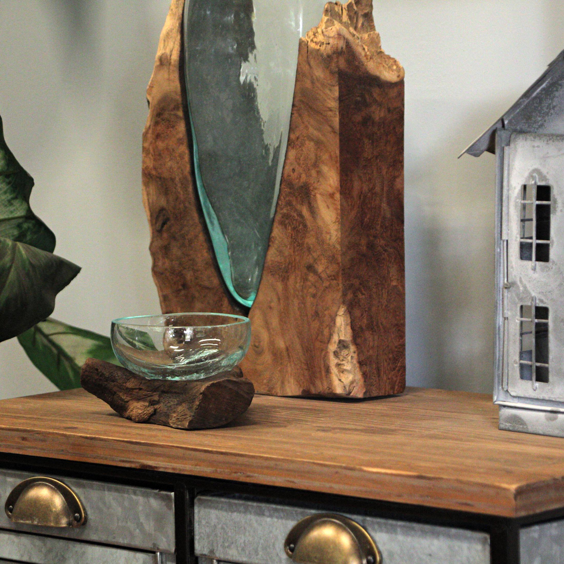 Alt View 4. Chesapeake Bay - Glass and Teak Driftwood Bowl – 3.25” High Decorative Succulent Centerpiece - Natural.