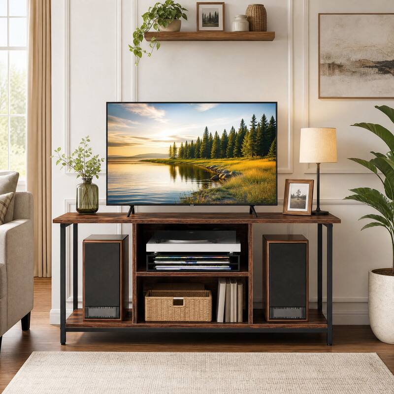 Angle. WELLFOR - Industrial TV Stand for TVs up to 50" TVs, Entertainment Centre, Media Console Table with Open Shelves &Power Outlets - Rustic Brown.