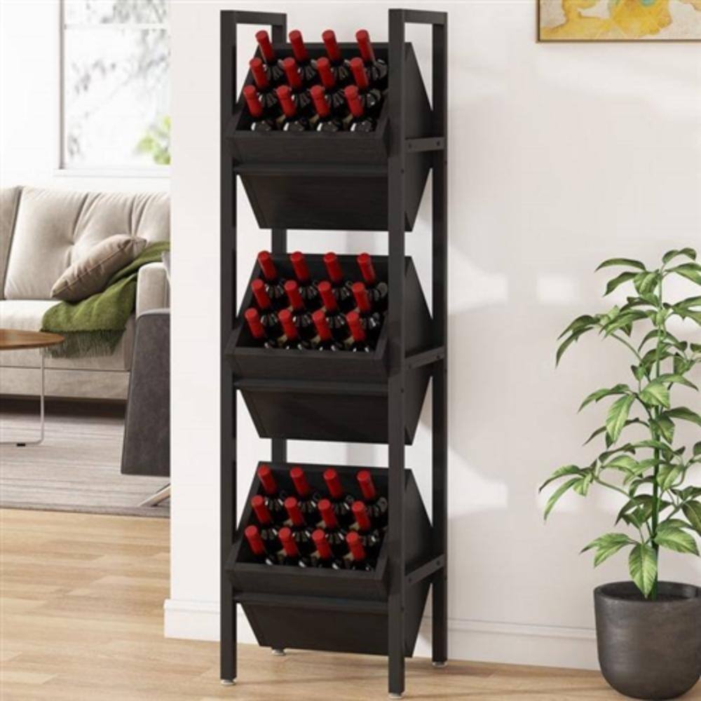Angle. Hivvago - Black Industrial Farmhouse 3 Bin 36 Bottle Wine Rack Storage Display Shelf - Black.