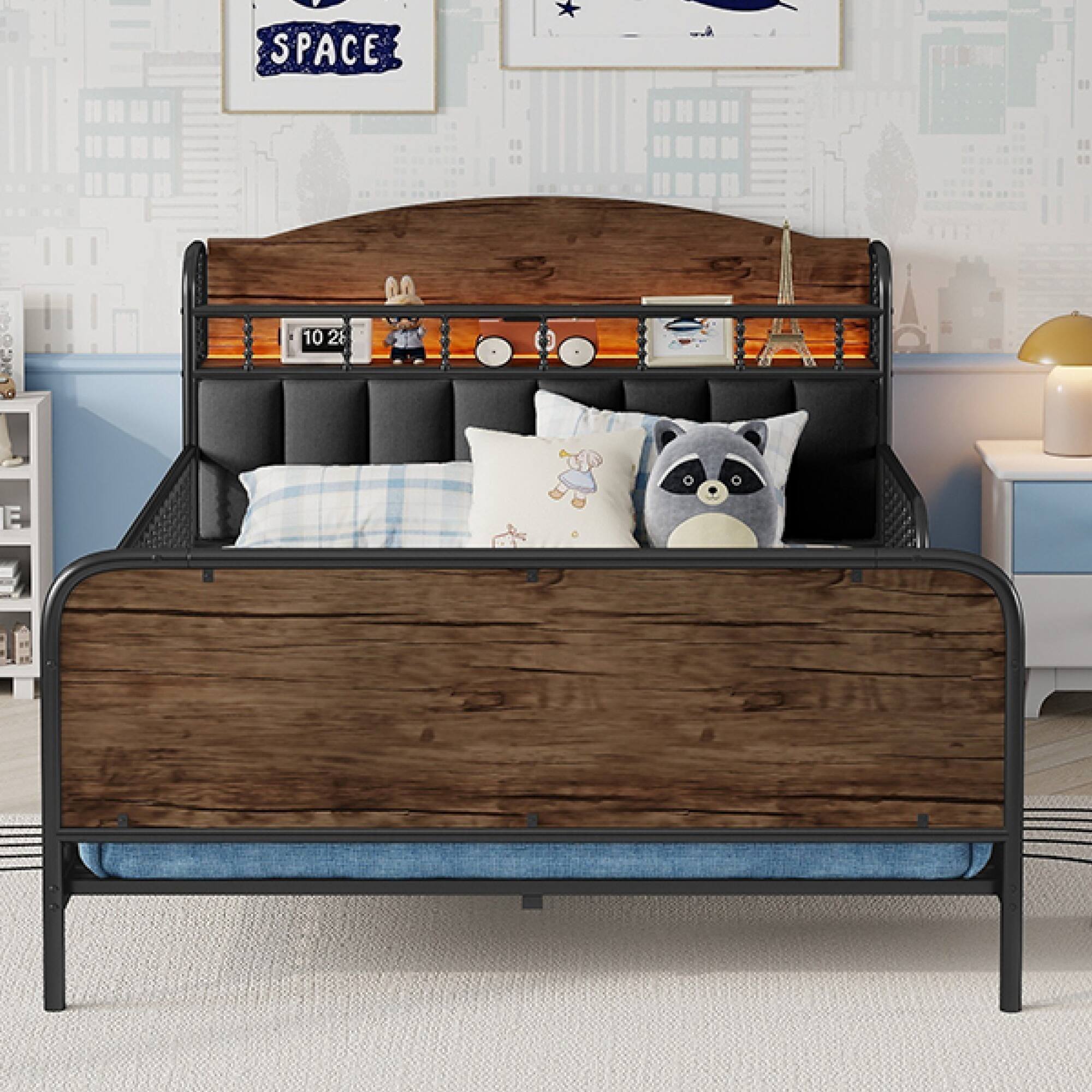 Alt View 9. GOODSILO - Full Size Metal Platform Bed Frame with LED Lighting and Upholstered Storage Headboard - Black.