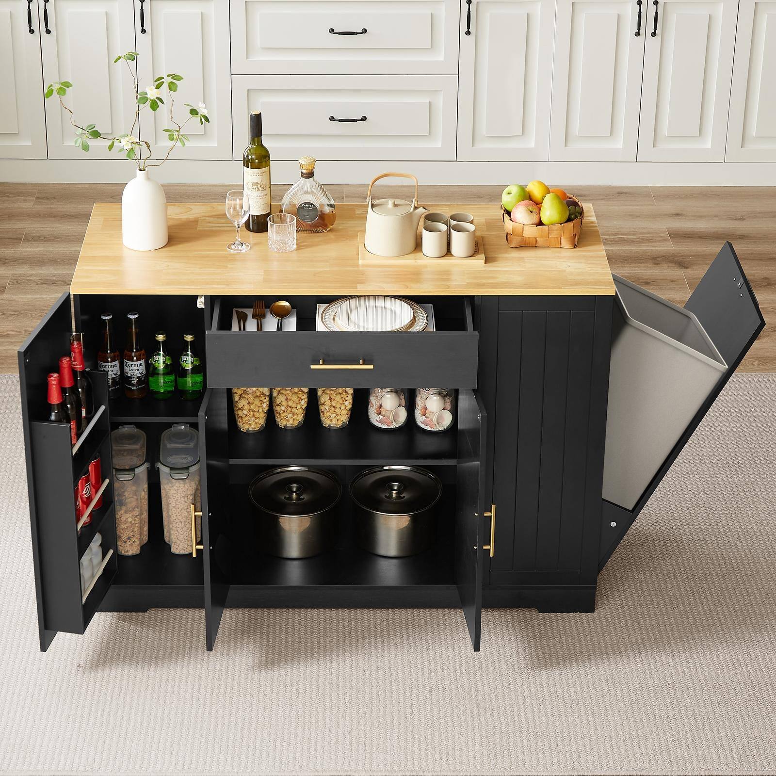 Angle. Spaco - Spaco 53" Kitchen Island Storage Cabinet with Drawers and Trash Can Storage, Modern Farmhouse Design - Black.