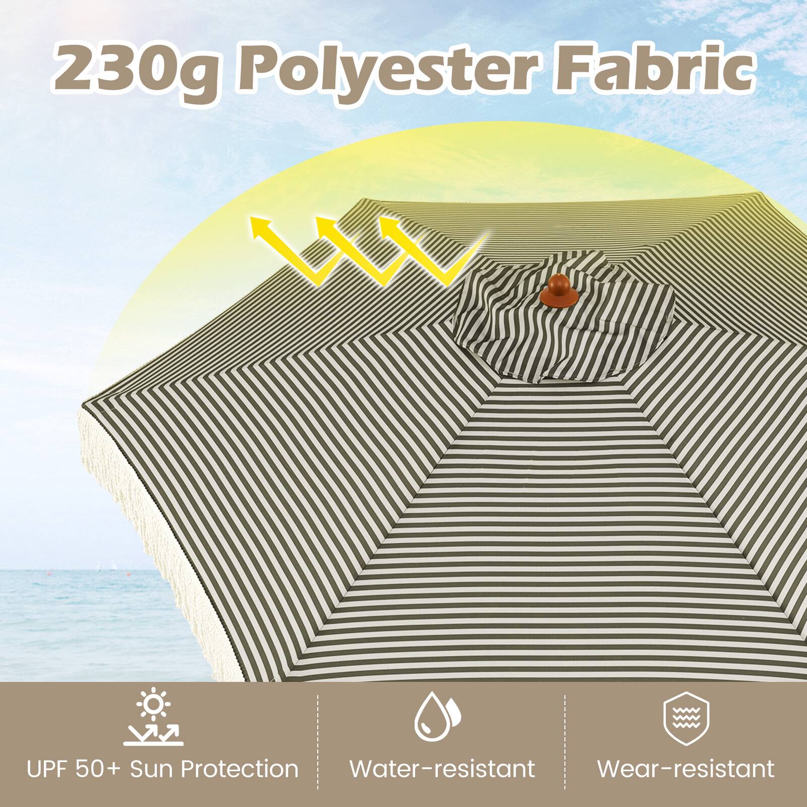 230g Polyester Fabric

- UPF 50+ Sun Protection
- Water-resistant
- Wear-resistant