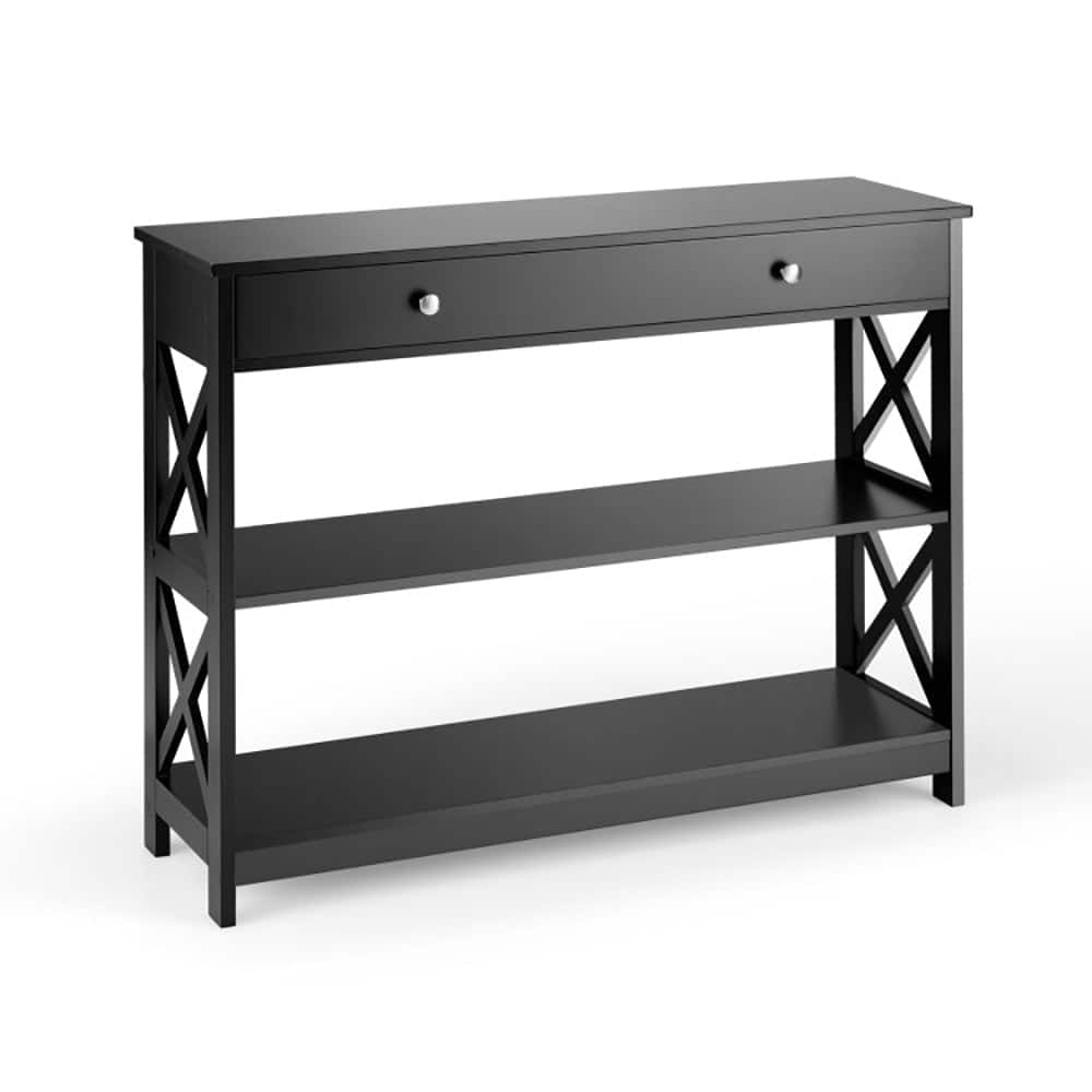 Resenkos - Console Table 3-Tier with Drawer and Storage Shelves- Narrow Console Table, Entryway Hall Table with Shelves - Black