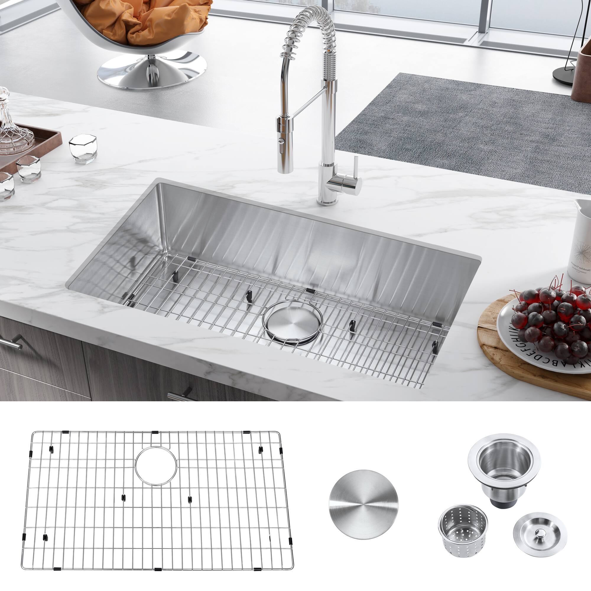 Angle. Akicon - Akicon 32 in. Undermount Single Bowl 18-Gauge Brushed Stainless Steel Kitchen Sink with Bottom Grid and Basket Strainer - Silver.