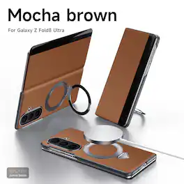 Dteck - Magnetic Leather Flip Case for Samsung Galaxy Z Fold8 Ultra with Ring Stand Card Slot, Rigid Plastic Protective Cover - Brown